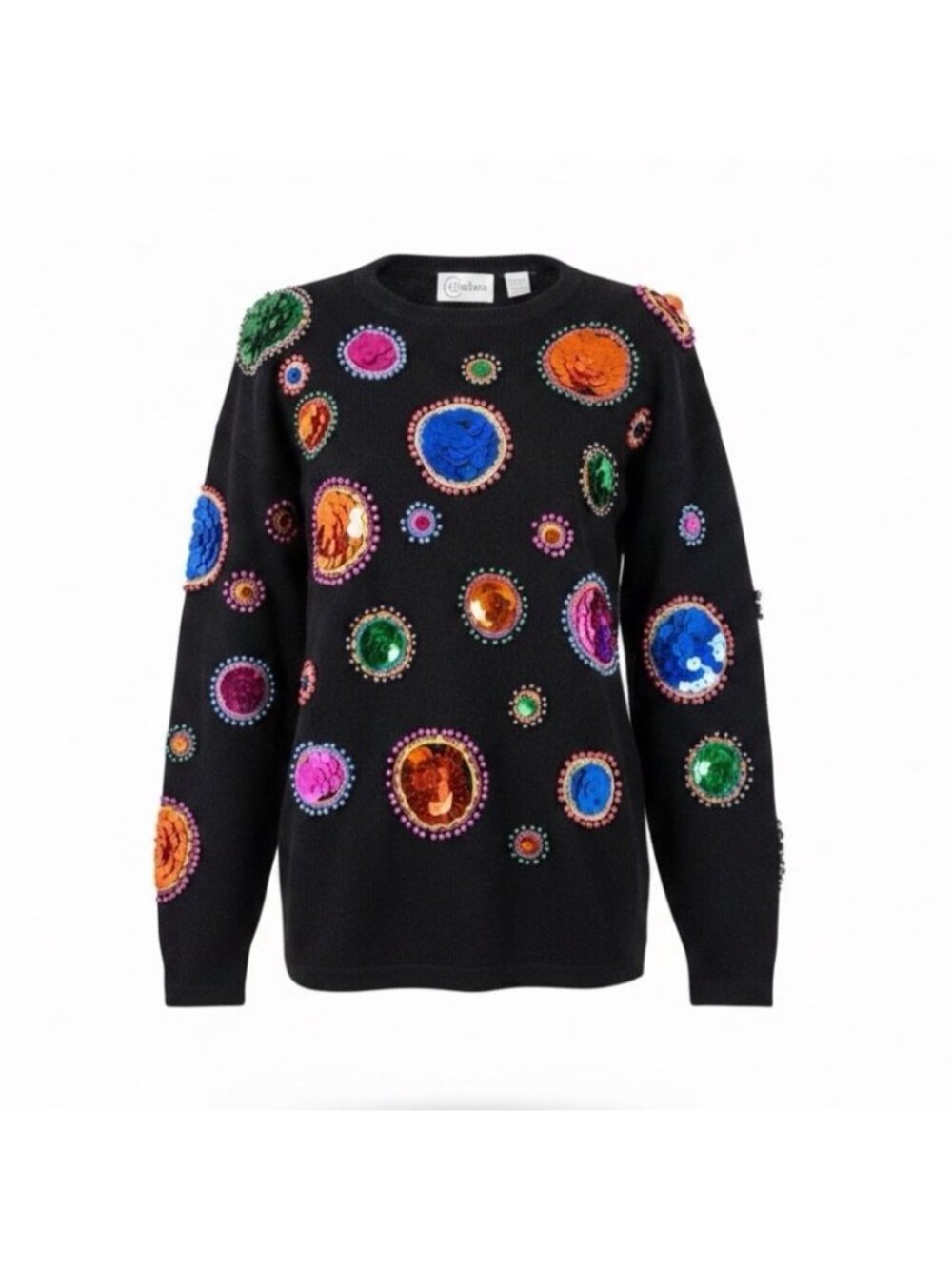 Cedars Womens Black Wool Sweater Sequin Embellished Circles Size L